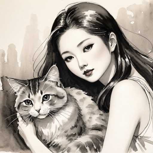 Girl petting her cat japanese ink drawing