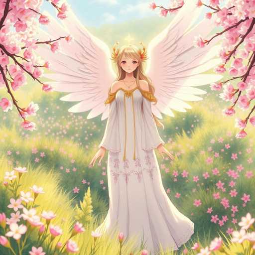 A beautiful girl with long blonde hair and a white dress stands in the center of a field filled with pink flowers. She is wearing a gold crown on her head and has wings that spread out behind her as she looks directly at the camera.