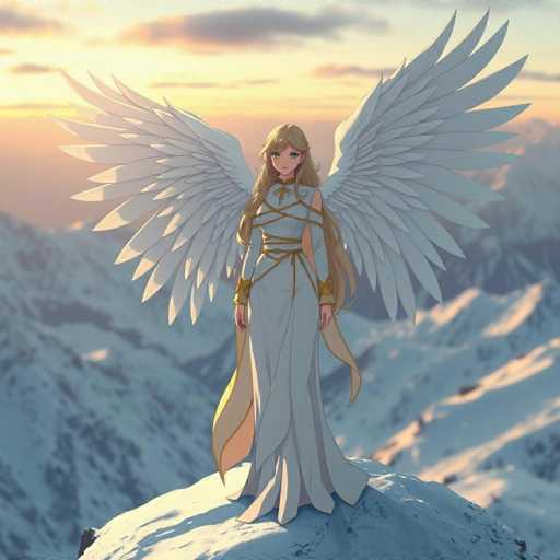 A woman with long blonde hair and wings stands on a snowy mountain peak at sunset. She is wearing a white dress with gold accents and has her arms outstretched towards the sky. The background features a breathtaking view of snow-covered mountains under a warm orange glow from the setting sun, creating a serene and majestic atmosphere.