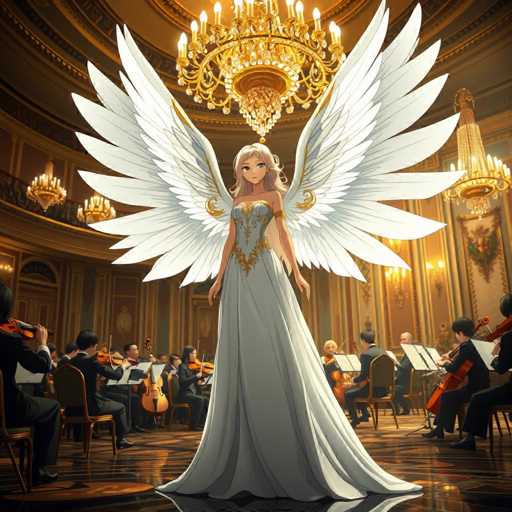 The image depicts an angel standing in a grand room with gold accents and chandeliers hanging from the ceiling. The angel is wearing a long white dress adorned with gold accents and has large wings spread out behind her. In front of the angel are several musicians playing instruments such as violins, cellos, and flutes.