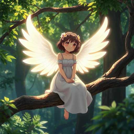 A young girl with brown hair and a white dress is sitting on a tree branch in the center of an illustration depicting a forest scene. The background features trees and foliage, creating a serene and natural atmosphere.