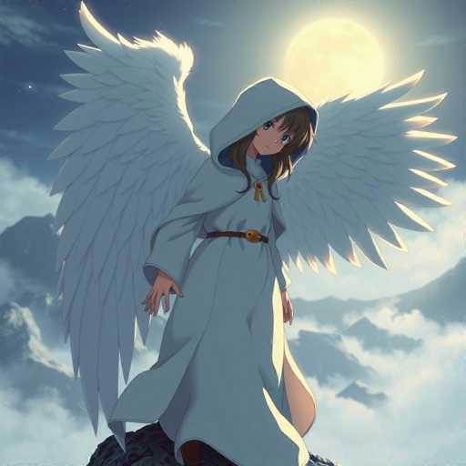 A young girl with long brown hair and blue eyes stands on a rock, wearing a white robe and hooded cape that billows out behind her as she gazes towards the right side of the image. The sky is filled with clouds, and a full moon can be seen in the background.
