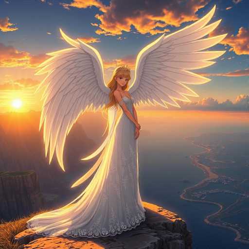 A woman with long blonde hair and a white dress stands on a cliff overlooking the ocean at sunset.