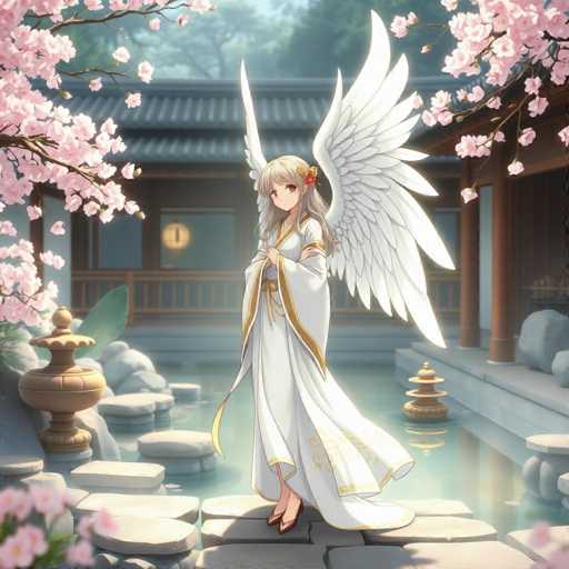 A young girl with long blonde hair and wings stands on a stone bridge over water, wearing a white dress with gold accents and holding a flower in her hand. The setting is a garden with pink cherry blossoms surrounding the scene.