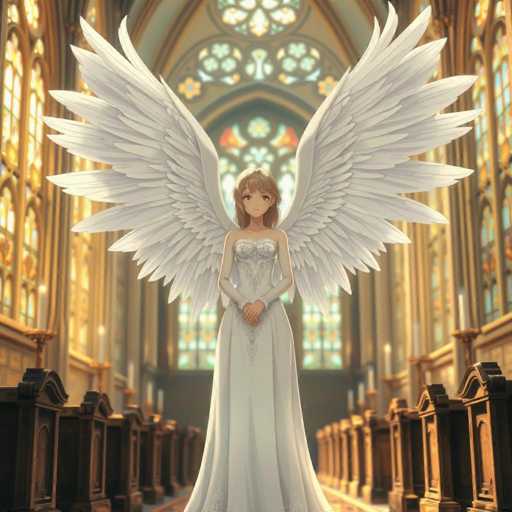 A woman with long white hair and wings stands in a church, wearing a white dress and holding her hands together in front of her face.
