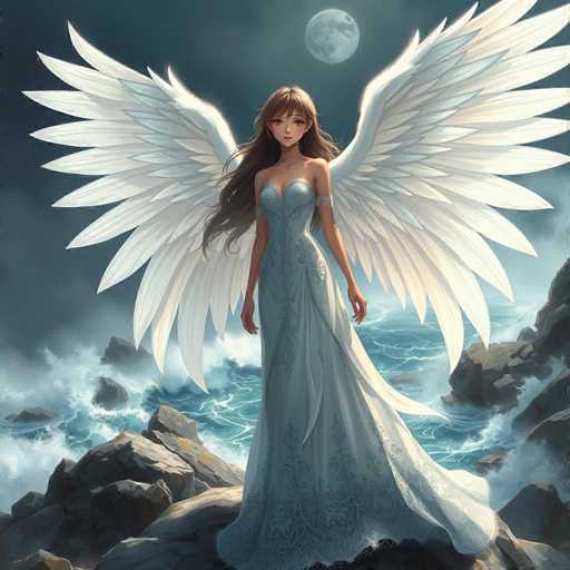 A woman with long brown hair and a white dress stands on a rocky cliff overlooking the ocean at night. The sky is dark blue with a full moon visible in the background.