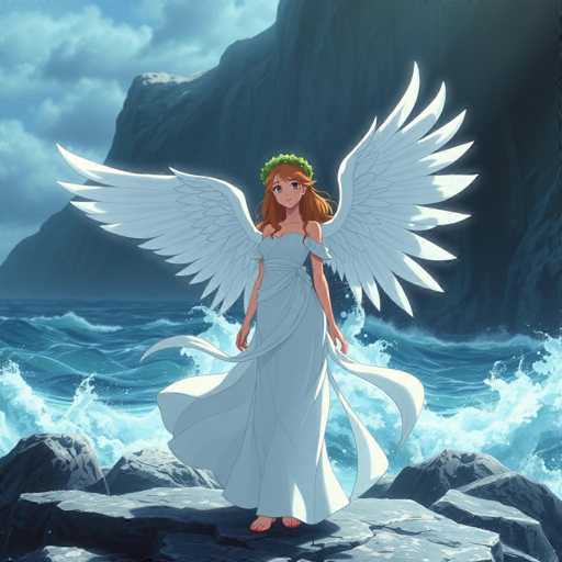 A woman with long red hair and a white dress stands on a rocky cliff overlooking the ocean. She is wearing a green headband and has her arms outstretched as she gazes towards the horizon. The sky above them is filled with clouds, creating an atmospheric backdrop for their serene moment.