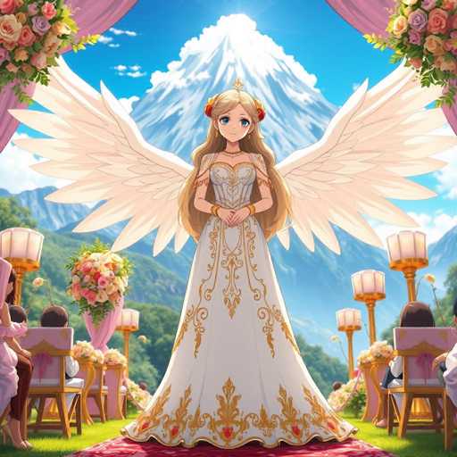 A young girl with long blonde hair stands on a red carpet, wearing an elegant white dress adorned with gold accents and a matching headpiece featuring a large flower at the center of her head. The setting is a garden wedding, with pink flowers scattered around the area and a mountain backdrop visible in the distance.