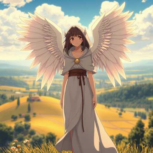 A woman with long brown hair and a white dress stands on a hilltop overlooking a valley filled with trees and fields under a clear blue sky dotted with fluffy white clouds.