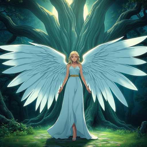 A woman with long blonde hair and blue wings stands in a lush green forest, wearing a light blue dress that flows behind her as she walks towards the right side of the image. The background is filled with trees and foliage, creating a sense of depth and distance.