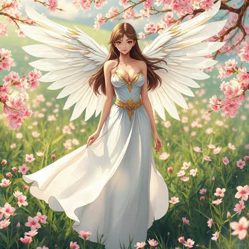 A woman with long brown hair and a white dress is standing in a field of pink flowers, holding her arms outstretched as if she's dancing or celebrating.