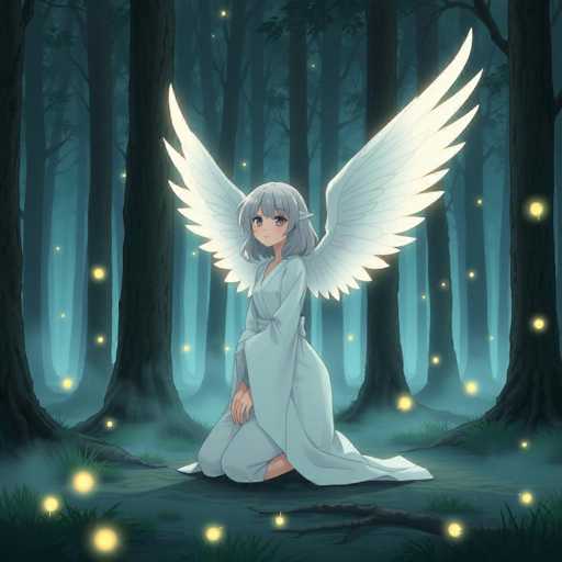 A woman with long hair and white wings is kneeling on a grassy area surrounded by trees. She is wearing a white dress that contrasts with the dark forest around her. The trees have leaves glowing in the light, creating a magical atmosphere.