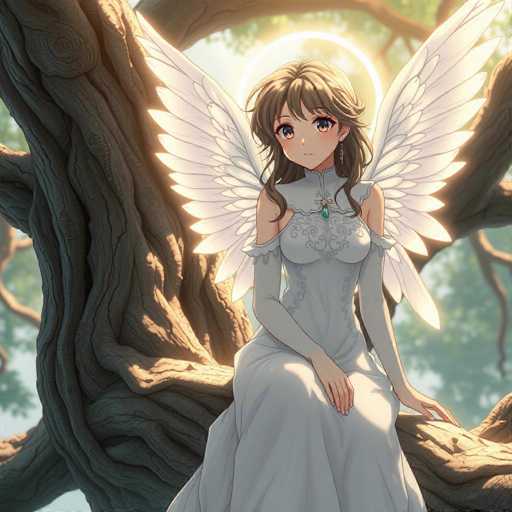 A young girl with long brown hair and a white dress is sitting on the trunk of a tree in a forest. The tree has a rough bark texture and the background features green foliage.