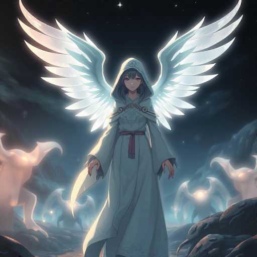 A woman with long white hair and wings stands in a dark landscape, wearing a blue robe and holding a staff. The background is filled with foggy mountains and trees under the cover of night sky.