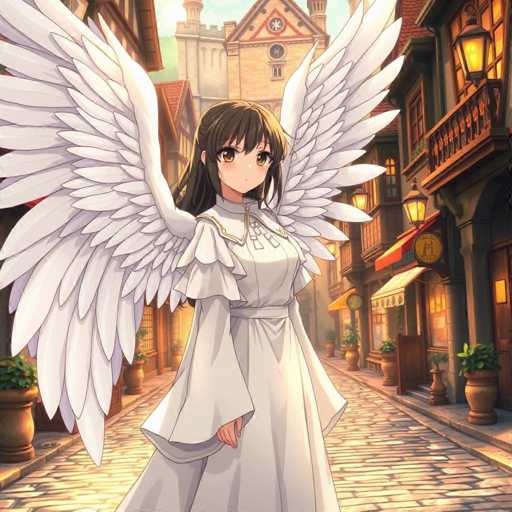 A young girl with long brown hair and large white wings stands on a cobblestone street, wearing a white dress that flows behind her as she walks towards the camera. The backdrop features an old town with buildings of varying heights and designs, including a tall tower in the background.