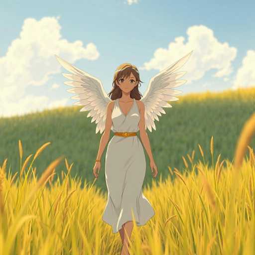 A woman with long brown hair and a white dress is walking through a field of tall yellow grass under a clear blue sky dotted with fluffy white clouds.