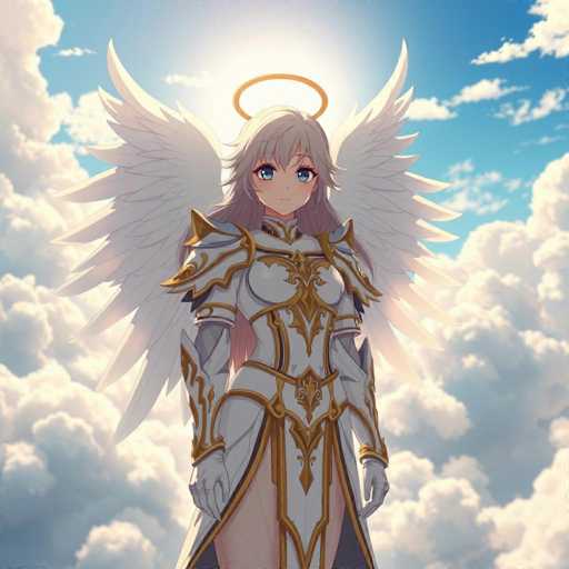 A woman with long blonde hair and blue eyes stands against a backdrop of fluffy white clouds under a bright sun. She is dressed in a white armor with gold accents and a golden halo on her head. The image does not contain any discernible text or other objects.