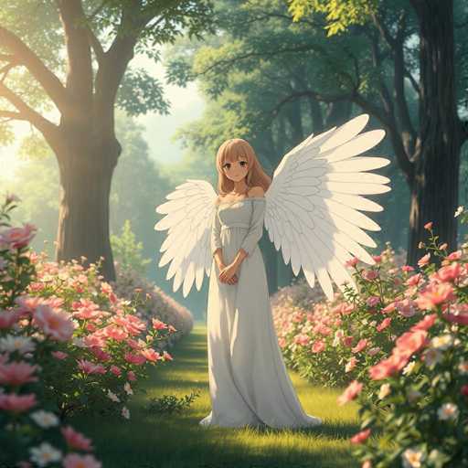 A woman with long blonde hair and wings stands in a garden filled with pink flowers. She is wearing a white dress that contrasts with the vibrant colors of the flowers around her. The garden is lush with greenery, including trees and bushes, creating a serene and picturesque setting for the woman.