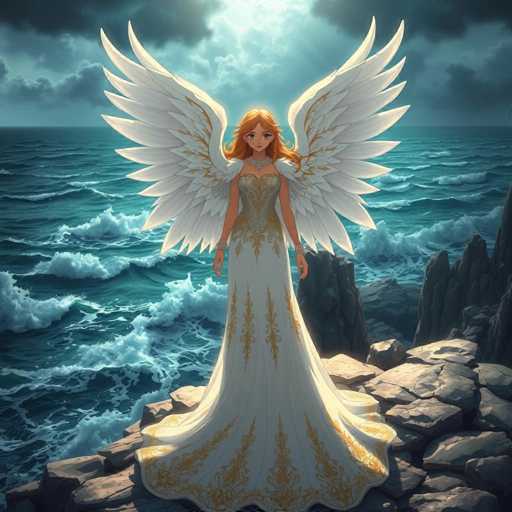 A woman with long red hair and a white dress stands on a rocky cliff overlooking the ocean. The sky is filled with clouds, creating an atmospheric backdrop for her serene pose.