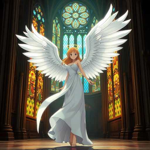 A woman with long red hair and a white dress stands in front of a large stained glass window in a Gothic cathedral. The window is adorned with intricate designs and the light streaming through it casts a warm glow on her figure.