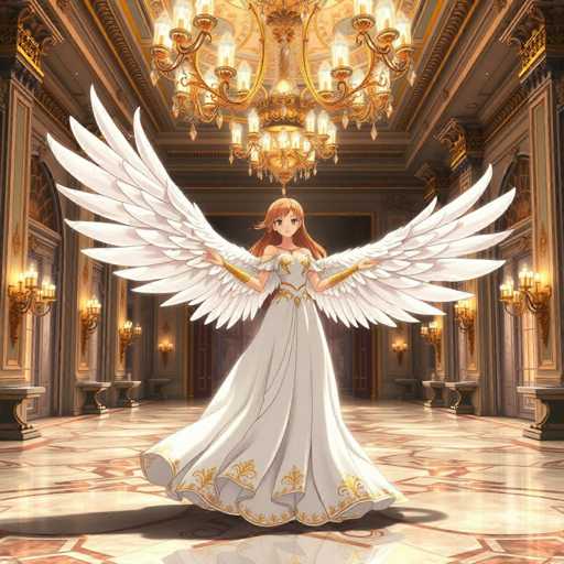 A woman with long red hair and a white dress stands in front of a grand chandelier in an ornate room. The room is filled with gold accents and has high ceilings that lead to a balcony at the back.