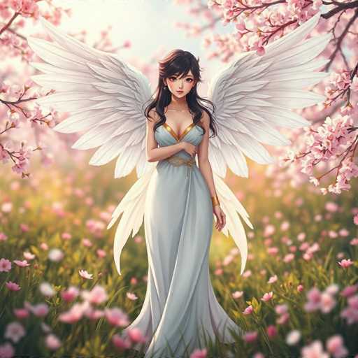 A woman with long dark hair and wings is standing in a field filled with pink flowers. She is wearing a blue dress that matches the color of her wings. The background features trees and bushes, adding depth to the scene.