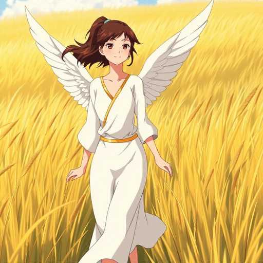 A young girl with brown hair and a white dress is walking through a field of tall yellow grass.
