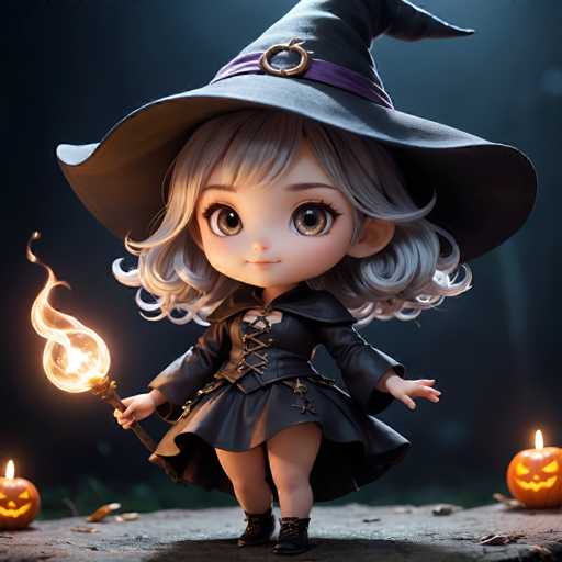 A small cartoon girl dressed as a witch stands on a dirt path with two carved pumpkins and a firefly nearby.