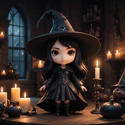 The image depicts a small doll dressed as a witch standing on a wooden table surrounded by various objects such as candles and pumpkins. The doll is wearing a black dress with a pointed hat and has long hair styled in an elegant updo. In the background, there are several candles of different sizes and shapes, including a large candle that appears to be burning brightly. A small pumpkin can also be seen on the table.