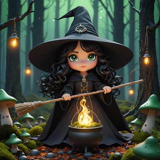 A 3D rendering of a young girl dressed as a witch with long dark hair and a pointed hat holding a broomstick and a cauldron filled with fire. The background features trees and mushrooms, creating an immersive fantasy world setting.