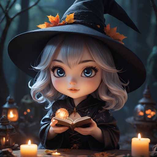 A small girl with blonde hair is sitting at a table surrounded by candles and lanterns. She is wearing a black witch's hat and a black dress that matches the color of her hat. The girl holds an open book in front of her face as she gazes directly into the camera.