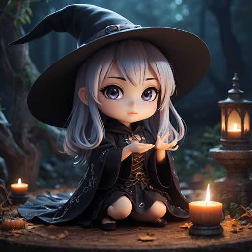 A small cartoon girl with long gray hair is sitting on a log surrounded by candles and autumn leaves. She is wearing a black dress and a black hat with a pointed top that resembles a witch's hat. The background features trees and lanterns hanging from the branches of these trees, creating an enchanting atmosphere.