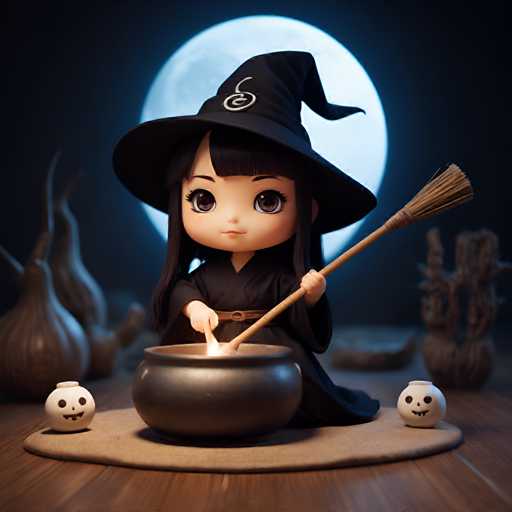 A small doll dressed as a witch is seated at a table with a cauldron and broomstick on it. The doll's face features black makeup and a pointed hat, typical of a witch character. In the background, there are two white pumpkins and a brown vase filled with flowers.