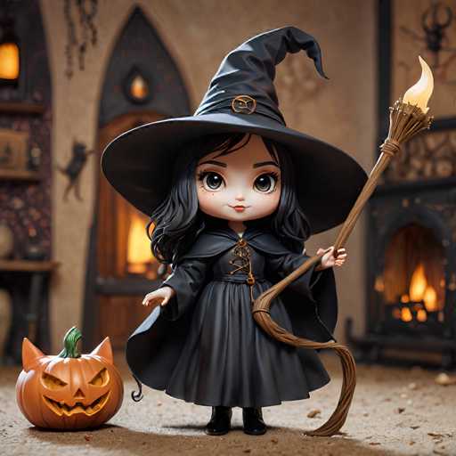 A small doll dressed as a witch stands on a dirt floor next to an orange pumpkin with a carved face and a broomstick.