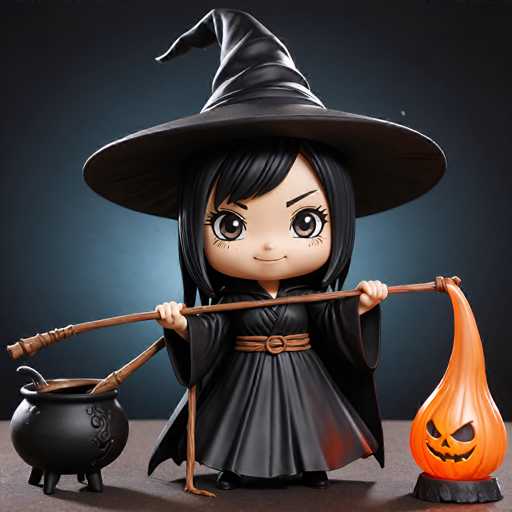 The image features a small figurine of a witch dressed in black robes and a black hat with a pointed top, holding a broomstick and a cauldron filled with an orange substance. The background is dark blue, providing a stark contrast to the figure's attire and the objects she holds.