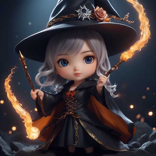 A small figurine of a girl dressed as a witch with a black dress and hat holding a wand is the main focus of the image. The background features a dark blue color with orange sparks coming from it, creating an atmospheric effect that complements the overall theme.