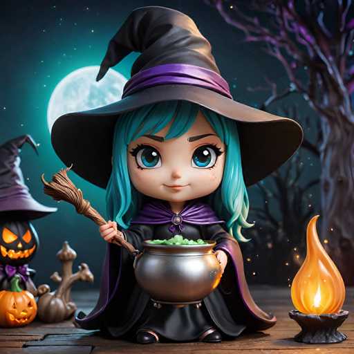 A small cartoon character dressed as a witch is holding a cauldron filled with green liquid and standing on a wooden platform against the backdrop of a full moon and Halloween decorations.