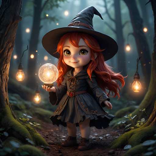 A small girl dressed as a witch stands on a path surrounded by trees and bushes with glowing lights above her head.