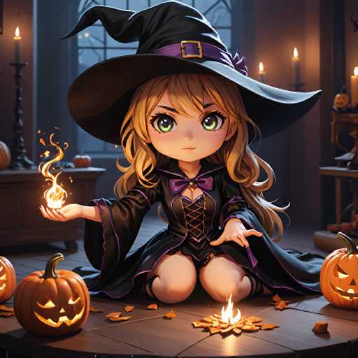 A small girl dressed as a witch is seated at a table with two carved pumpkins and a lit candle.