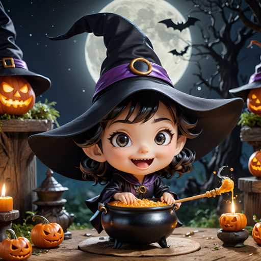 A cartoon girl dressed as a witch is stirring a pot filled with orange-colored candy at the center of an autumnal scene. The background features a full moon and jack-o-lanterns on a wooden table, creating a festive atmosphere.