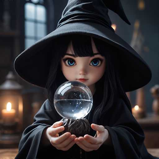 A doll with long black hair is dressed as a witch and holding a crystal ball over her head. The doll's outfit consists of a black dress and a black hat that matches the color of the crystal ball she holds in her hands.