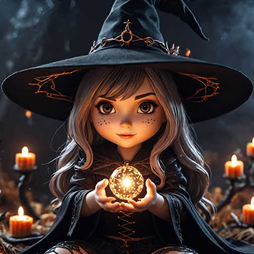 A 3D rendering of a young girl with long blonde hair wearing a black witch's hat and holding a glowing orb in her hands. The background is dark and filled with candles, creating an atmosphere of mystery and magic.