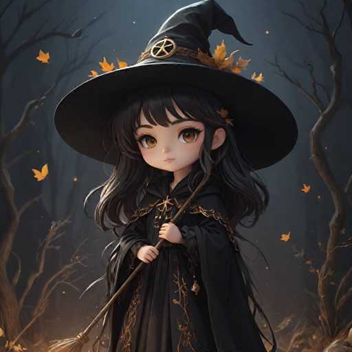 A young girl with long brown hair is standing in a forest surrounded by trees and leaves. She is wearing a black witch's hat adorned with a gold emblem on the front and a black dress that matches her hat. The girl holds a stick in one hand and a wand in the other, suggesting she may be a witch or participating in a magical activity.