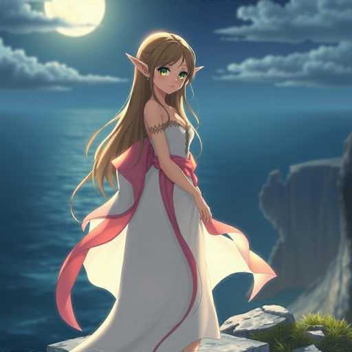 A young girl with long blonde hair and green eyes stands on a cliff overlooking the ocean at night. She is wearing a white dress with pink accents and a matching pink headband. The sky above her is dark blue with clouds, creating an atmospheric backdrop for the scene.