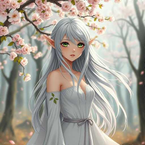A young girl with long blonde hair and green eyes stands in a forest surrounded by pink flowers. She is wearing a white dress with a bow around her waist and is looking directly at the camera.