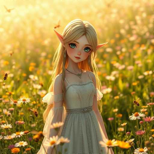 A 3D rendering of a blonde girl with green eyes and long hair wearing a white dress stands in the center of a field filled with yellow flowers. The girl is looking directly at the camera.