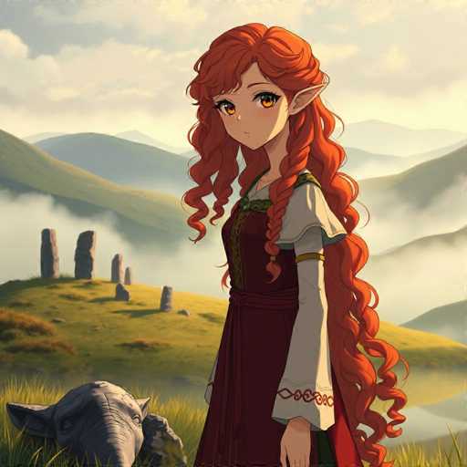 A young girl with red hair and a red dress stands on a grassy hillside, gazing off into the distance. The girl is wearing a necklace around her neck. In front of her, there's an elephant statue.