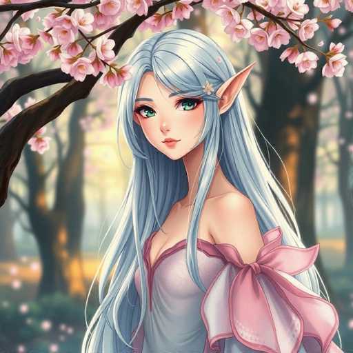 A woman with long blonde hair and blue eyes is standing in a forest surrounded by pink flowers. She is wearing a white dress with a pink bow on her head. The background features trees and bushes, creating a serene and natural setting for the scene.