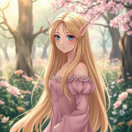 A young girl with long blonde hair and blue eyes stands in a field filled with pink flowers, wearing a pink dress that matches the color of the flowers around her. The background is a lush green forest with trees and bushes.