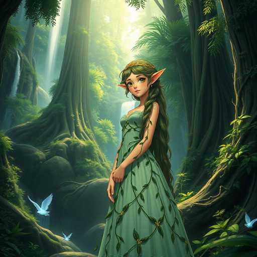 A woman with long hair and a green dress stands in front of trees in a forest, surrounded by white birds flying around her.